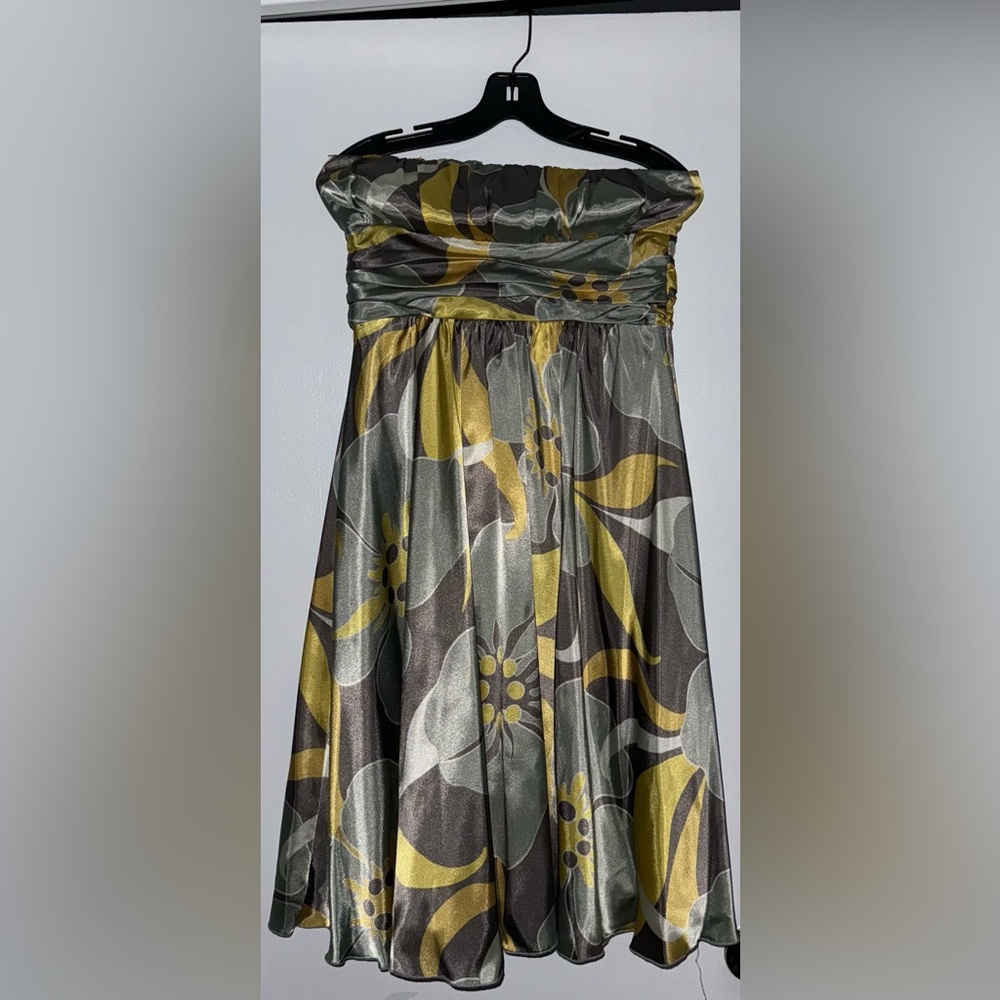 Strapless A line dress.  Fitted around the breast and upper abdomen area